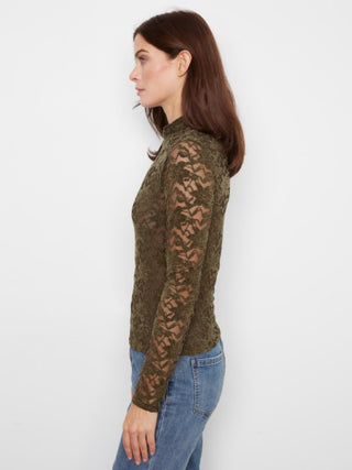 Charlie B Flocked Lace Long Sleeve Mock Neck Top Lined at Body Olive