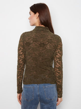 Charlie B Flocked Lace Long Sleeve Mock Neck Top Lined at Body Olive