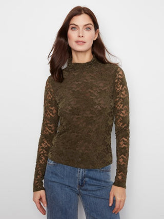 Charlie B Flocked Lace Long Sleeve Mock Neck Top Lined at Body Olive