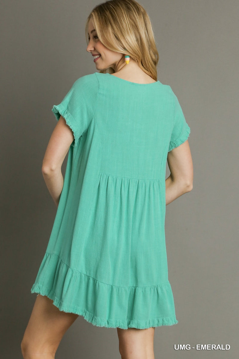 FINAL SALE Linen Blend Short Sleeve Dress With Ruffle Trim - Emerald