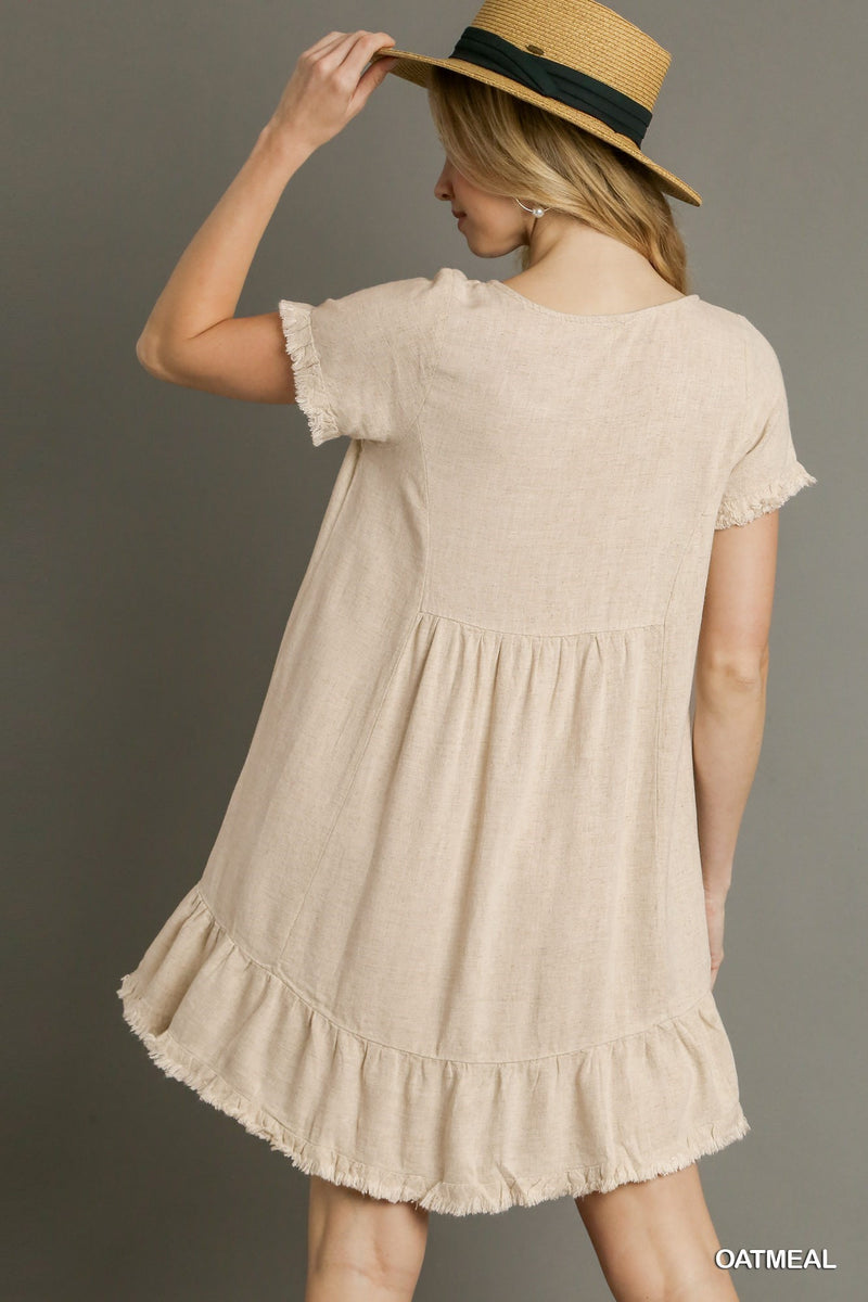 FINAL SALE Linen Blend Short Sleeve Dress With Ruffle Trim - Oatmeal