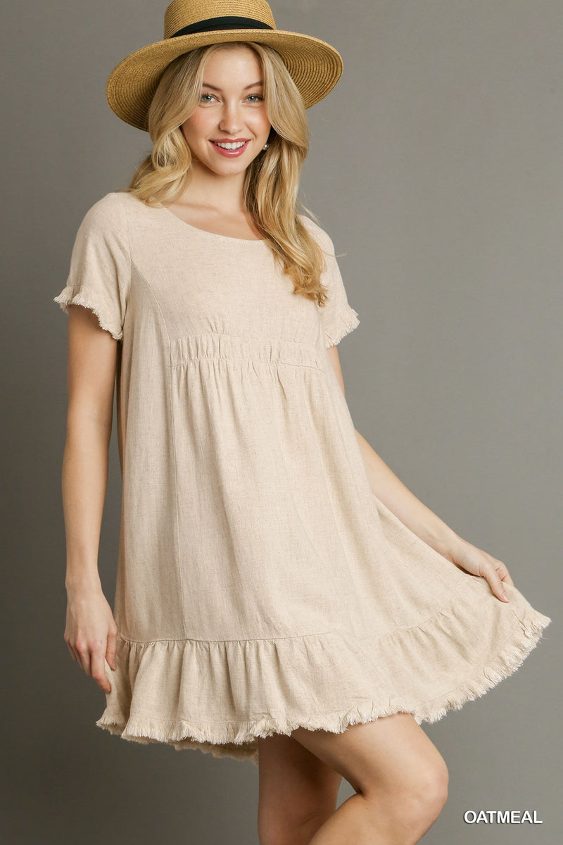 FINAL SALE Linen Blend Short Sleeve Dress With Ruffle Trim - Oatmeal