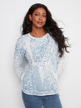 Charlie B Printed Cotton Crew Neck Sweater Damask