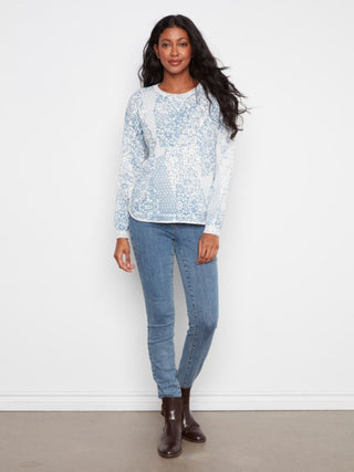 Charlie B Printed Cotton Crew Neck Sweater Damask