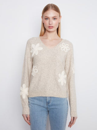 Charlie B Floral Appliqué V-Neck Sweater