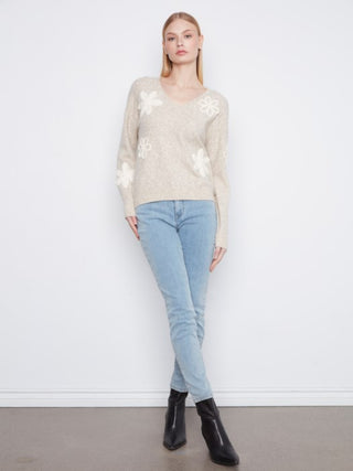 Charlie B Floral Appliqué V-Neck Sweater