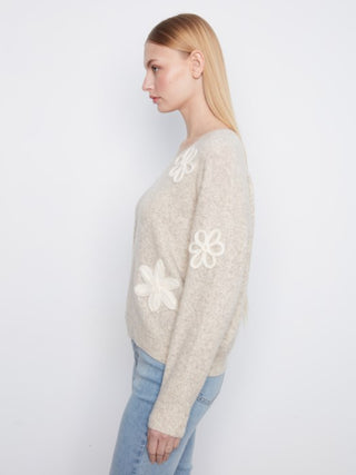 Charlie B Floral Appliqué V-Neck Sweater