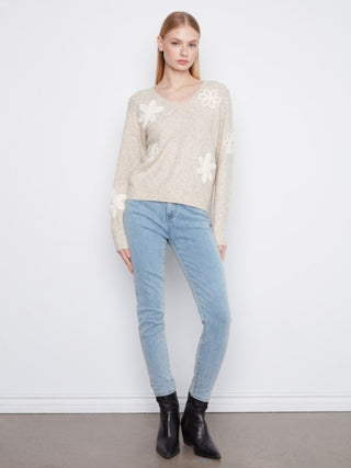 Charlie B Floral Appliqué V-Neck Sweater