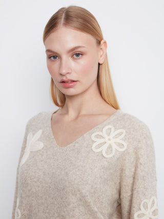 Charlie B Floral Appliqué V-Neck Sweater