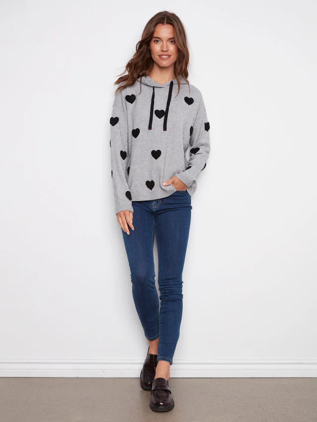 Charlie B Embroidered Hearts Hoodie Sweater - Heather Grey