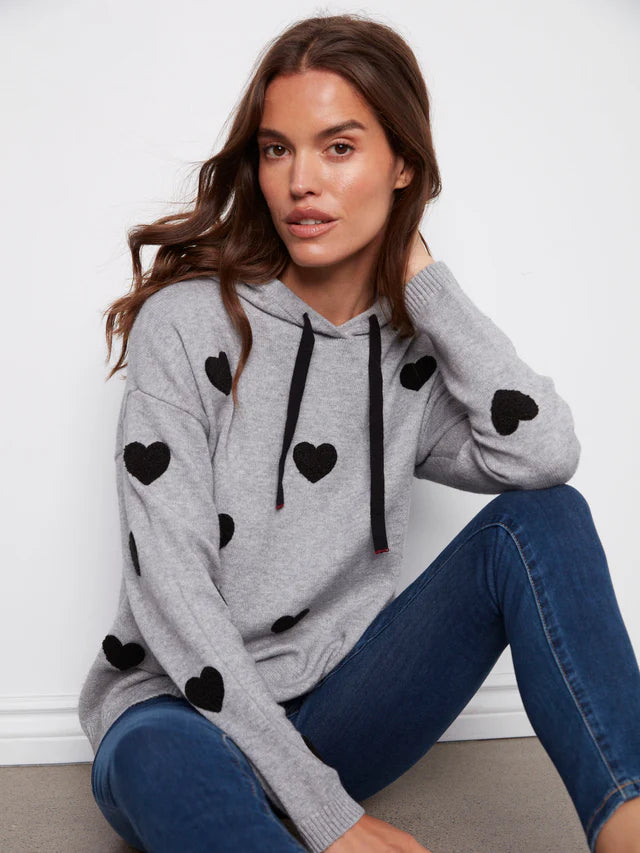 Charlie B Embroidered Hearts Hoodie Sweater - Heather Grey