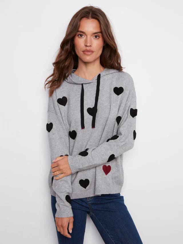 Charlie B Embroidered Hearts Hoodie Sweater - Heather Grey