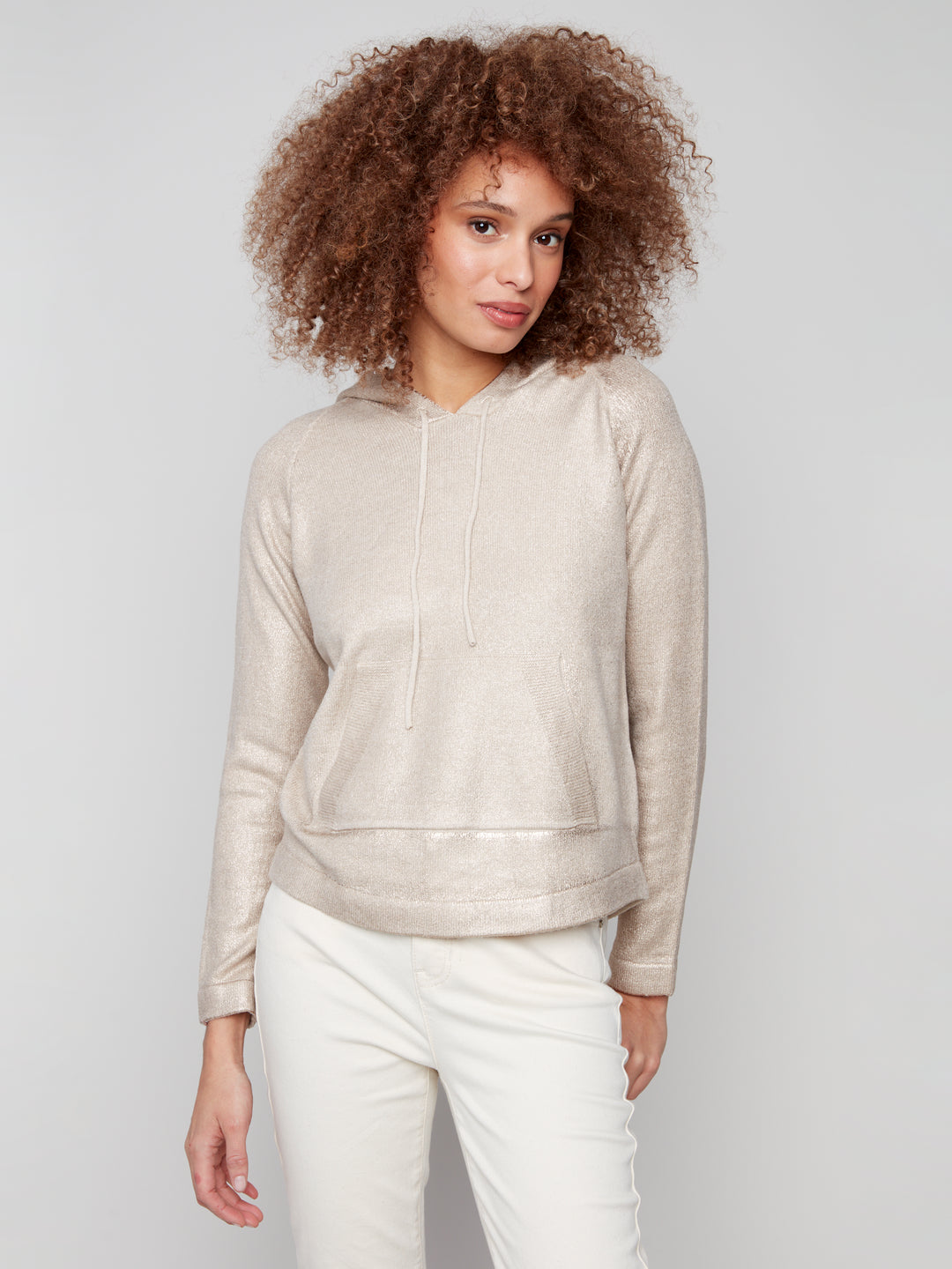 Charlie B Plush Knit Hoodie Sweater - Champagne