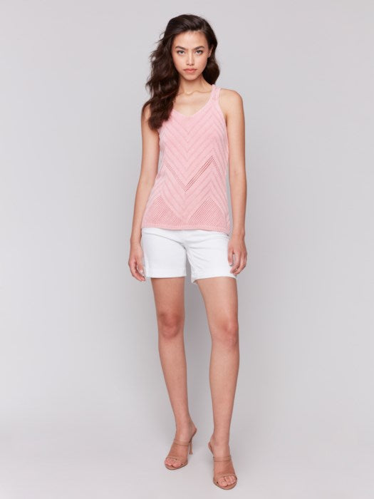 Charlie B Cold Dye Chevron Pattern Knit Camisole with V-Neck - Guava