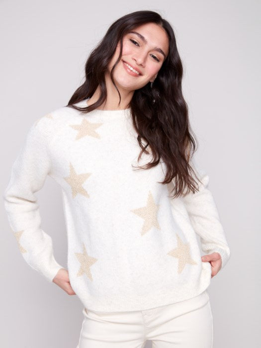 Charlie B Crew Neck Jacquard Lurex Raglan Sleeves Sweater