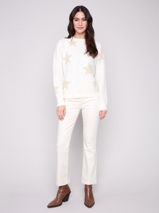 Charlie B Crew Neck Jacquard Lurex Raglan Sleeves Sweater