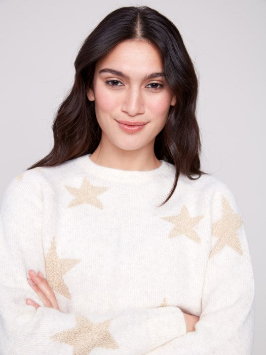 Charlie B Crew Neck Jacquard Lurex Raglan Sleeves Sweater
