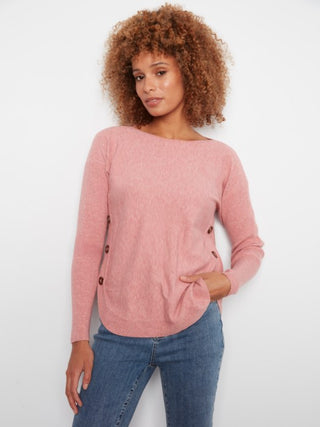 Charlie B Long Sleeve Drop Shoulder Boat Neck Sweater w/Side Buttons Carnation