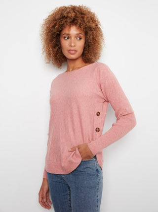 Charlie B Long Sleeve Drop Shoulder Boat Neck Sweater w/Side Buttons Carnation