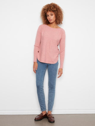 Charlie B Long Sleeve Drop Shoulder Boat Neck Sweater w/Side Buttons Carnation