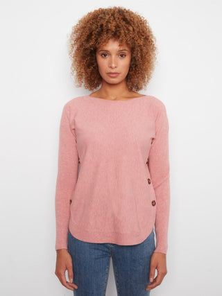 Charlie B Long Sleeve Drop Shoulder Boat Neck Sweater w/Side Buttons Carnation