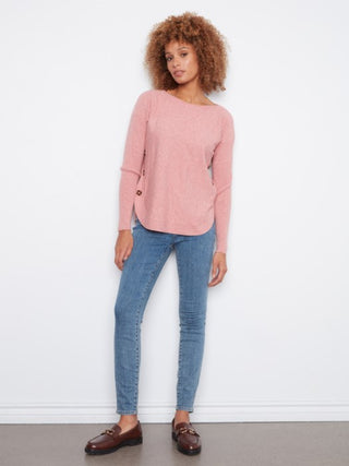 Charlie B Long Sleeve Drop Shoulder Boat Neck Sweater w/Side Buttons Carnation