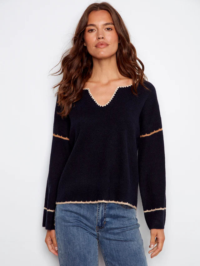Charlie B Embroidered Ribbed Sweater With Notch Neck - Navy