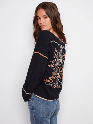 FINAL SALE Charlie B Embroidered Ribbed Sweater With Notch Neck - Navy