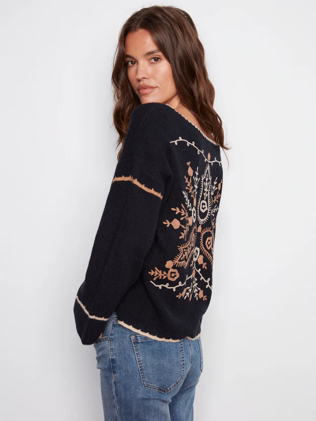 Charlie B Embroidered Ribbed Sweater With Notch Neck - Navy