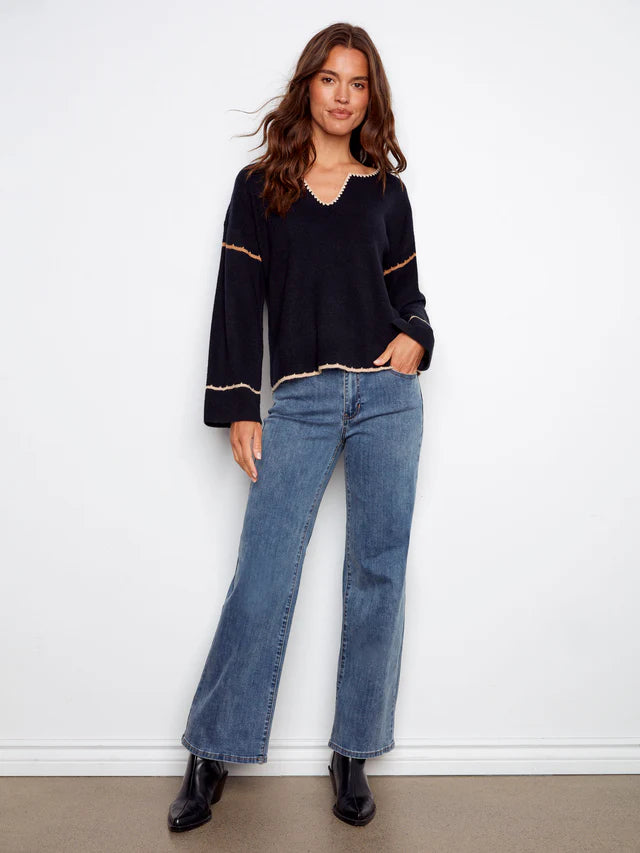 Charlie B Embroidered Ribbed Sweater With Notch Neck - Navy