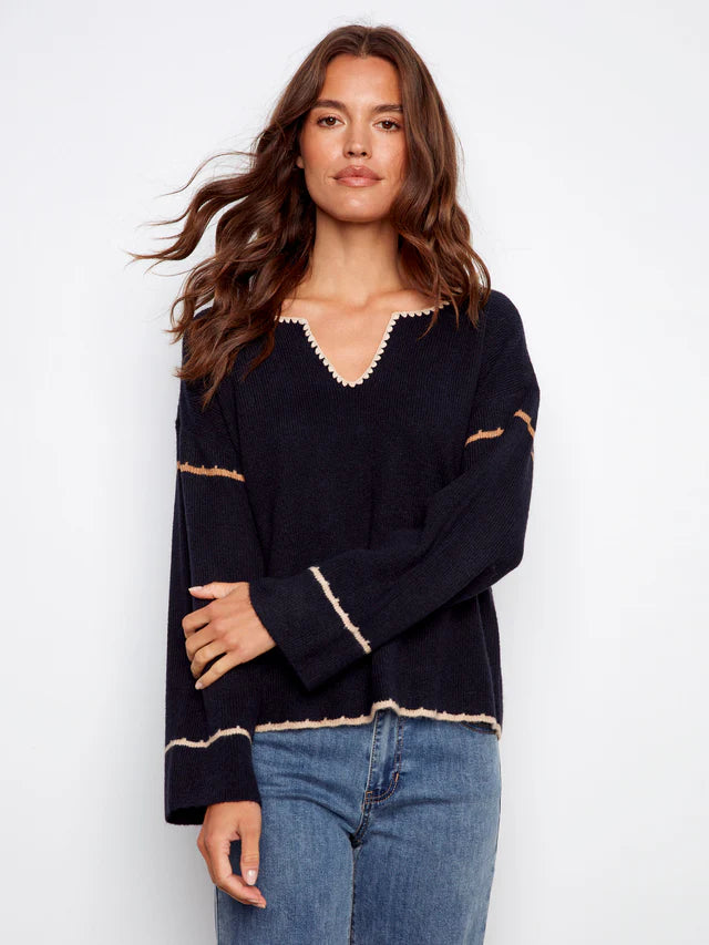 Charlie B Embroidered Ribbed Sweater With Notch Neck - Navy