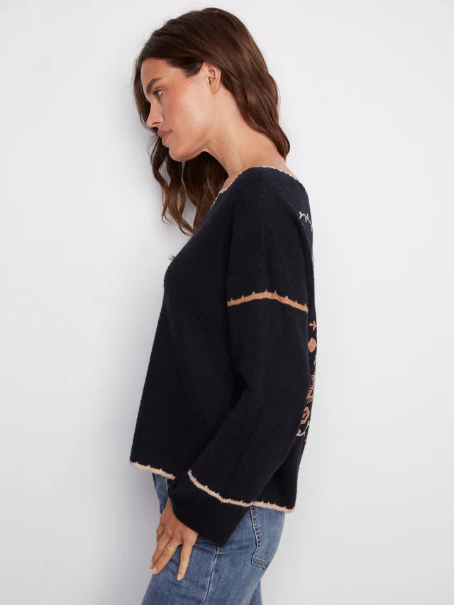 Charlie B Embroidered Ribbed Sweater With Notch Neck - Navy