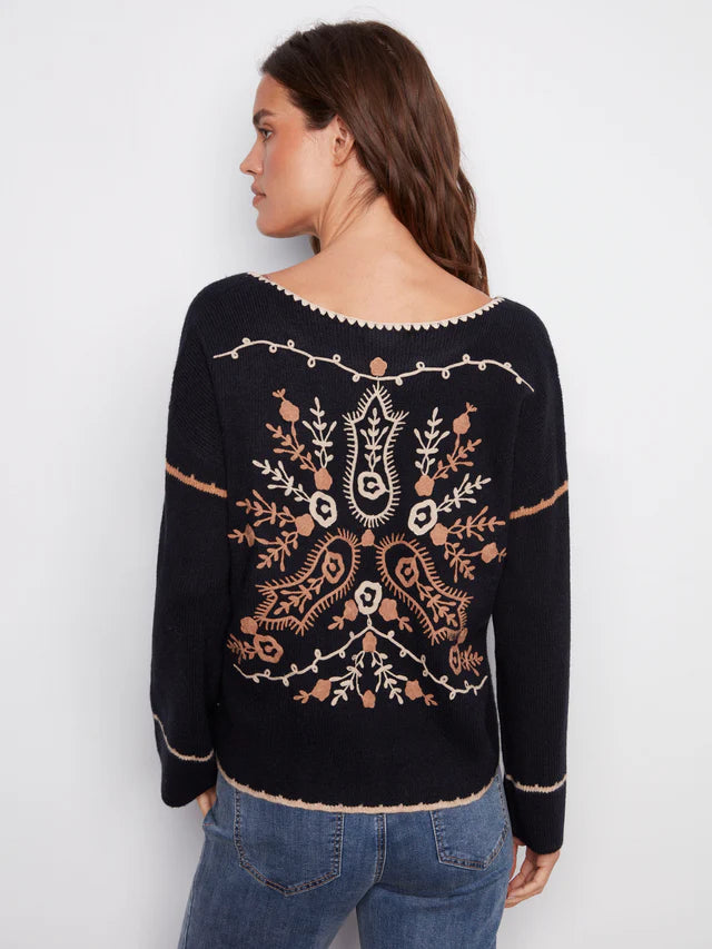 Charlie B Embroidered Ribbed Sweater With Notch Neck - Navy