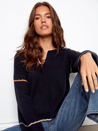 FINAL SALE Charlie B Embroidered Ribbed Sweater With Notch Neck - Navy