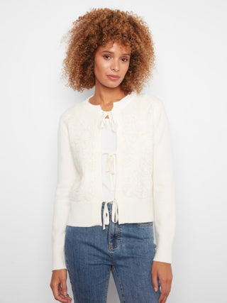 Charlie B Bow Tie Jacquard Knit Cardigan Ecru