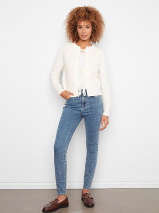 Charlie B Bow Tie Jacquard Knit Cardigan Ecru