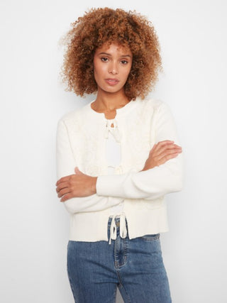 Charlie B Bow Tie Jacquard Knit Cardigan Ecru