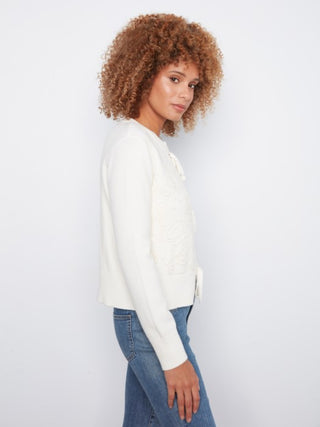 Charlie B Bow Tie Jacquard Knit Cardigan Ecru