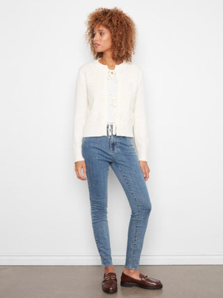 Charlie B Bow Tie Jacquard Knit Cardigan Ecru