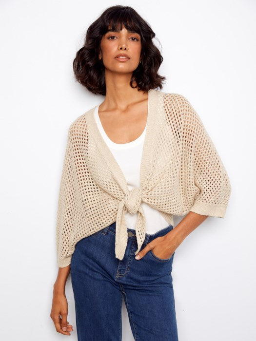 Charlie B Dolman Elbow Sleeve Tie Front Crochet Lurex Sweater Shrug - Gold