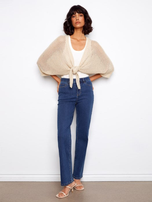 Charlie B Dolman Elbow Sleeve Tie Front Crochet Lurex Sweater Shrug - Gold