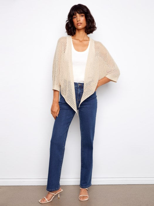Charlie B Dolman Elbow Sleeve Tie Front Crochet Lurex Sweater Shrug - Gold