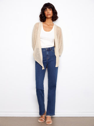 Charlie B Dolman Elbow Sleeve Tie Front Crochet Lurex Sweater Shrug - Gold