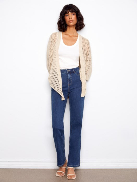 Charlie B Dolman Elbow Sleeve Tie Front Crochet Lurex Sweater Shrug - Gold