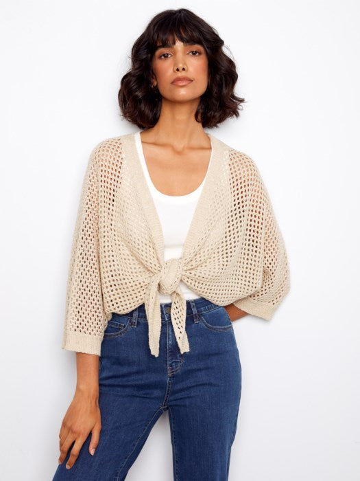 Charlie B Dolman Elbow Sleeve Tie Front Crochet Lurex Sweater Shrug - Gold