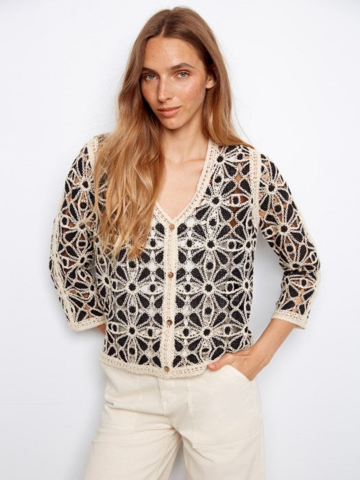 Charlie B 3/4 Sleeve Crochet V-Neck Cardigan - Black