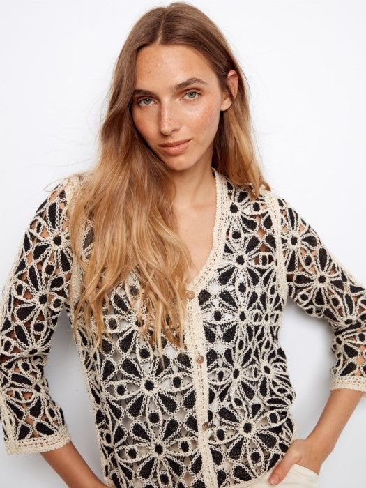 Charlie B 3/4 Sleeve Crochet V-Neck Cardigan - Black