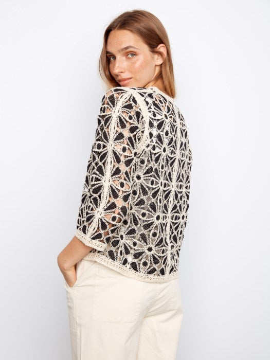 Charlie B 3/4 Sleeve Crochet V-Neck Cardigan - Black