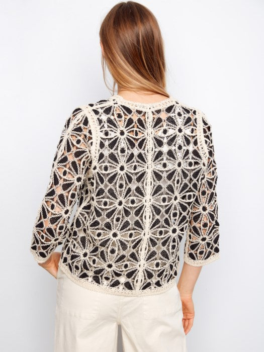Charlie B 3/4 Sleeve Crochet V-Neck Cardigan - Black