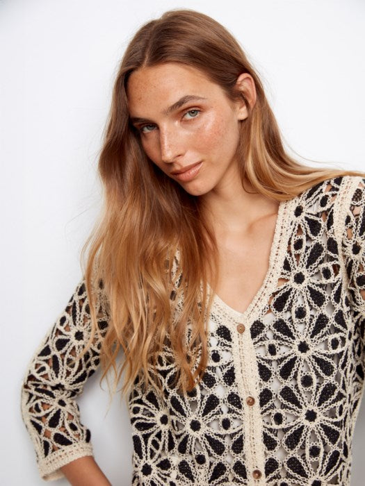 Charlie B 3/4 Sleeve Crochet V-Neck Cardigan - Black